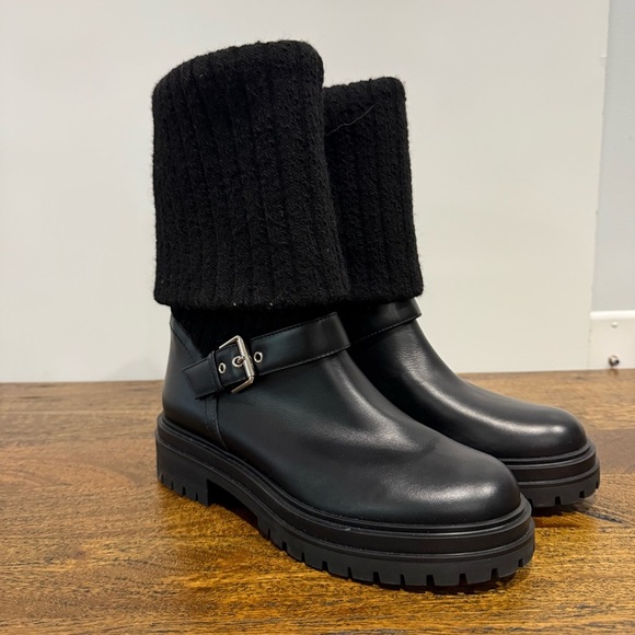 Gianvito Rossi Thurso Knit Collar Moto Combat Leather Boots - Picture 13 of 16